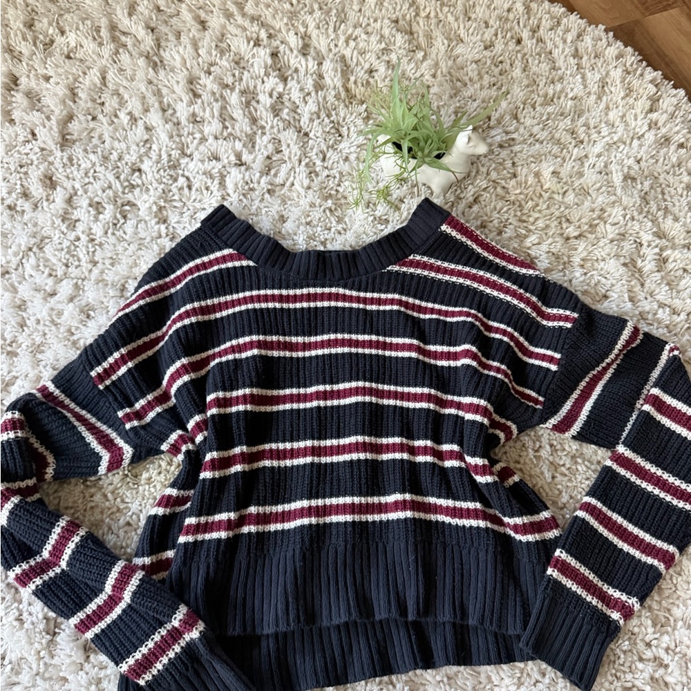 dip Women's Navy and Burgundy Striped Sweater